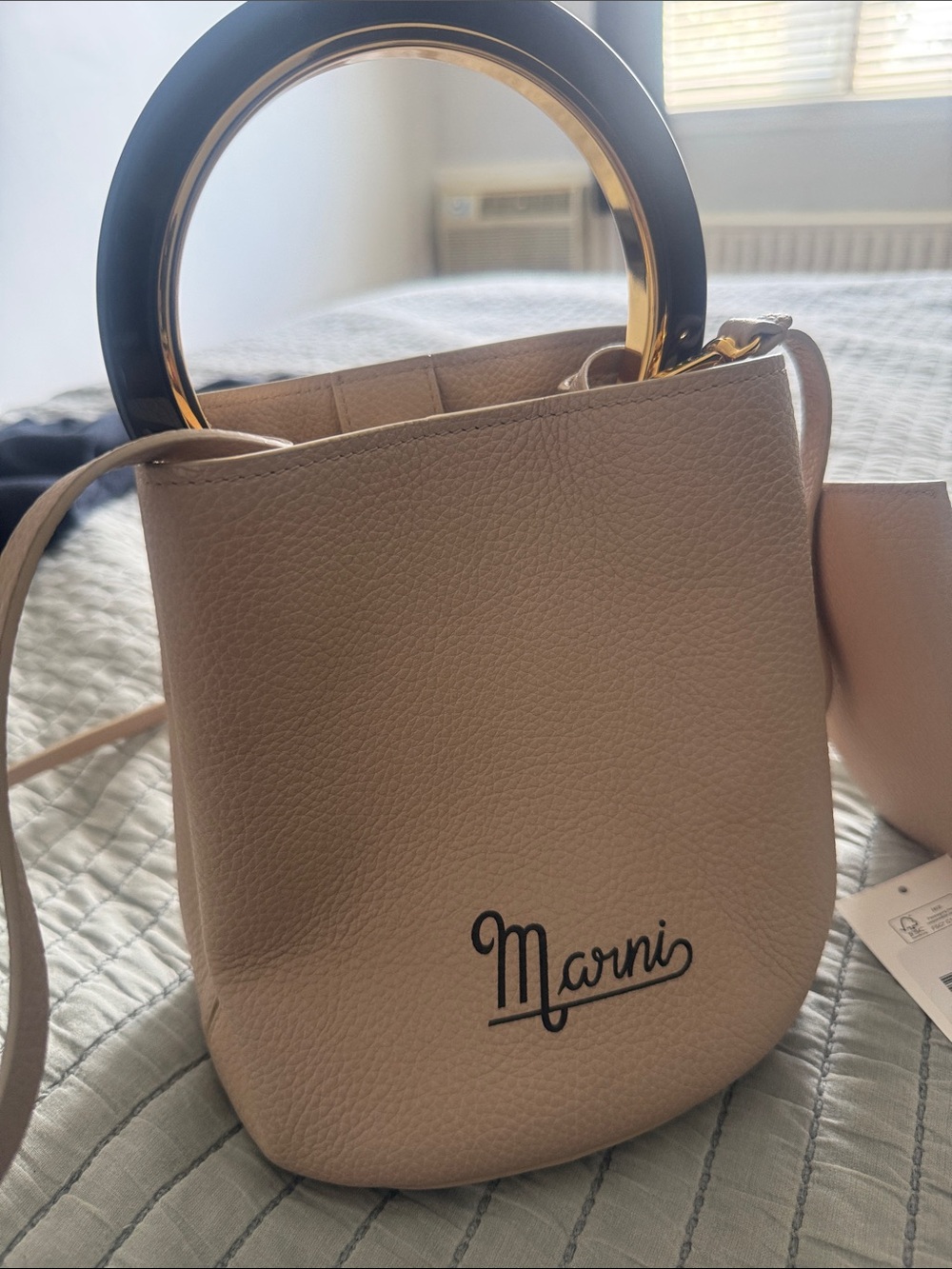 Marni Beige Leather Mini Bucket Bag with Gold and Black Ring Handle